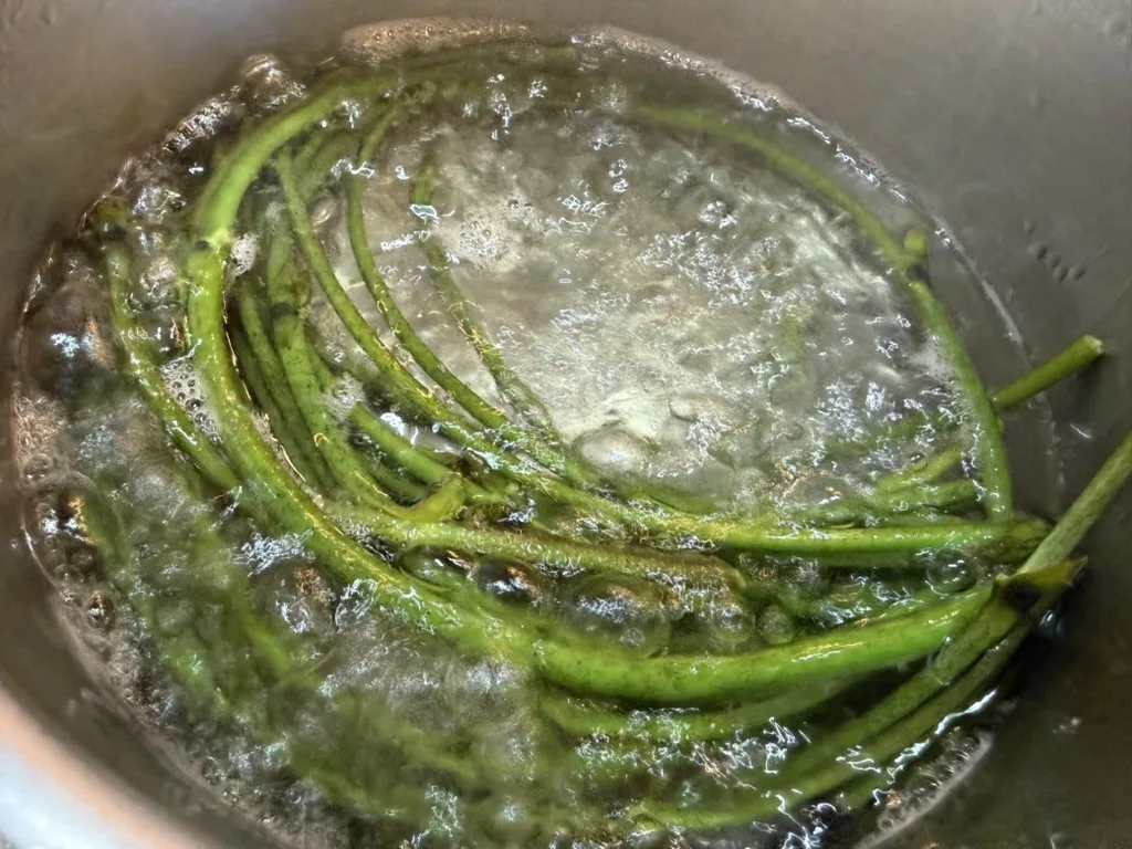 鍋の熱湯でクズの新芽を茹でている様子